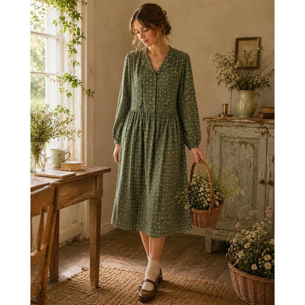L Dress Midi Cottagecore Grandmacore Prairie Ditsy Vintage Coquette Sage Green